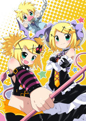 Rule 34 | 1boy, 1girl, bad id, bad pixiv id, bare shoulders, blonde hair, blue eyes, brother and sister, chain, crossed arms, groin, hair ornament, hairclip, head wings, headband, horns, kagamine len, kagamine rin, massala, midriff, navel, pretty panties akuma rin (vocaloid), siblings, staff, tail, twins, vocaloid, wings