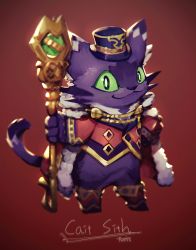 Rule 34 | 1boy, animal ears, animal nose, black eyes, boots, cait sith (housamo), cape, cat boy, cat ears, cat tail, character name, closed mouth, colored sclera, commentary request, full body, furry, furry male, green sclera, hat, highres, holding, holding staff, looking at viewer, male focus, purple fur, red background, signature, smile, solo, staff, tail, tokyo houkago summoners, toomiro, vignetting