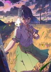 Rule 34 | 1girl, absurdres, aku tako, animal, animal on shoulder, black hair, blurry, cat, cat on shoulder, cloud, cloudy sky, collared shirt, commentary request, depth of field, door, field, green skirt, hand up, highres, holding, holding key, iwato suzume, key, long hair, looking ahead, neck ribbon, open mouth, orange eyes, outdoors, pleated skirt, ponytail, red ribbon, ribbon, school uniform, shirt, shirt tucked in, short sleeves, skirt, sky, solo, suzume no tojimari, white shirt, wind