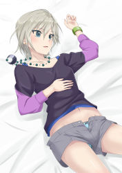 Rule 34 | 1girl, absurdres, anastasia (idolmaster), bed sheet, black shirt, blue eyes, blue panties, bow, bow panties, commentary, crescent, denim, denim shorts, fingernails, from above, highres, idolmaster, idolmaster cinderella girls, idolmaster cinderella girls starlight stage, jewelry, k-ya., lace, lace-trimmed panties, lace trim, light smile, lips, long sleeves, looking to the side, lying, midriff, navel, necklace, on back, on bed, panties, panty peek, parted lips, shirt, shirt straps, short hair, short shorts, shorts, silver hair, solo, unbuttoned, underwear, upshorts