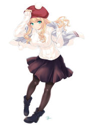 Rule 34 | 1girl, beret, black pantyhose, blonde hair, boots, green eyes, hand on headwear, hat, long hair, pantyhose, pom pom (clothes), ribbed sweater, shawl, sidelocks, signature, skirt, sleeves past wrists, smile, solo, sweater, yano takumi