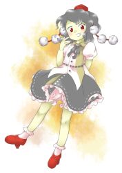Rule 34 | 1girl, arm behind back, buttons, collared shirt, dress shirt, flat chest, frilled skirt, frills, full body, geta, grey hair, grey ribbon, grin, hand up, hat, neck ribbon, nonamejd, official style, puffy short sleeves, puffy sleeves, red footwear, red hat, ribbon, shameimaru aya, shirt, short hair, short sleeves, skirt, smile, socks, solo, tengu-geta, tokin hat, touhou, white socks, zun (style)