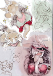 Rule 34 | 1boy, 1girl, absurdres, animal ears, blush, rabbit ears, closed mouth, furry, helmet, highres, long hair, looking at viewer, looking away, lying, made in abyss, nanachi (made in abyss), on back, parted lips, partially colored, regu (made in abyss), translation request, triangle mouth, tsukushi akihito, white hair, yellow eyes