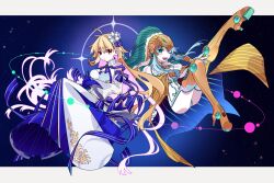 Rule 34 | 2girls, absurdres, antenna hair, archetype earth, arcueid brunestud, armored boots, aztec, bare shoulders, blonde hair, blue hair, boots, breasts, cape, cleavage, colored inner hair, detached pants, detached sleeves, dress, fate/grand order, fate (series), floating, floating cape, floating hair, flower, fur-trimmed cape, fur trim, gloves, gold cape, gold footwear, gold headwear, gold helmet, green eyes, green hair, helmet, highres, kujiramaru, kukulkan (fate), kukulkan (third ascension) (fate), large breasts, leg armor, leg up, long hair, long skirt, looking at viewer, multicolored clothes, multicolored hair, multicolored skirt, multiple girls, one eye closed, pink hair, princess outfit, red eyes, shrug (clothing), sidelocks, simple background, single hair intake, skirt, smile, space, strapless, strapless dress, thighhighs, thighhighs under boots, tsukihime, very long hair, white background, white dress