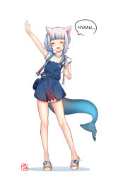 Rule 34 | 1girl, :d, absurdres, animal ears, arm up, bag, bare arms, blue hair, blue skirt, blue vest, blush, brown footwear, cat ears, closed eyes, colored shadow, commentary, facing viewer, fins, fish tail, flute, full body, gawr gura, gawr gura (casual), highres, holding, holding flute, holding instrument, hololive, hololive english, instrument, multicolored hair, nail polish, nyan, official alternate costume, open mouth, recorder, romaji text, sandals, shadow, shark tail, sharp teeth, shirt, shoulder bag, silver hair, skirt, smile, solo, standing, streaked hair, tail, teeth, toenail polish, toenails, vest, virtual youtuber, white background, white shirt, zeroyama
