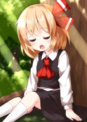Rule 34 | 1girl, against tree, ascot, black skirt, black vest, blonde hair, closed eyes, collared shirt, forest, hair ribbon, highres, light rays, long sleeves, nature, open mouth, outdoors, red ascot, red ribbon, ribbon, rumia, ruu (tksymkw), shirt, short hair, sitting, skirt, sleeping, solo, touhou, tree, vest, white legwear, white shirt