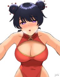 Rule 34 | 1girl, 1nilla&#039;, artist name, bat earrings, black hair, blush, breasts, breath, cleavage, cleavage cutout, clothing cutout, commentary, corona-chan, covered navel, double bun, dress, earrings, english commentary, hair bun, hair ornament, hairpin, highres, incoming kiss, jewelry, large breasts, lipstick, looking at viewer, makeup, nose blush, original, pov, purple eyes, pursed lips, red dress, short hair, simple background, solo, upper body, white background