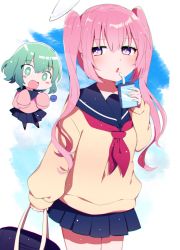 Rule 34 | 2girls, :d, alternate costume, alternate hairstyle, box, bright pupils, chibi, floppy sleeves, green eyes, green hair, hata no kokoro, highres, holding, holding box, juice box, komeiji koishi, long hair, multiple girls, neckerchief, open mouth, pink eyes, pink hair, pleated skirt, red neckerchief, sailor collar, simple background, skirt, sleeves past fingers, sleeves past wrists, smile, third eye, touhou, twintails, you (noanoamoemoe)