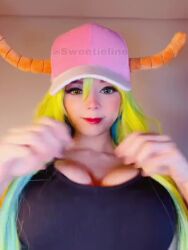 Rule 34 | 1girl, animated, audible music, baseball cap, black tank top, bouncing breasts, breasts, breasts out, cleavage, clothes pull, collarbone, cosplay, dragon horns, flashing, hat, heterochromia, horns, indoors, kobayashi-san chi no maidragon, large breasts, looking at viewer, lowres, lucoa (maidragon), lucoa (maidragon) (cosplay), mexican (nationality), multicolored hair, music, nipples, one eye closed, photo (medium), real life, shirt pull, solo, sound, sweetieline, tagme, tank top, top pull, upper body, video, wink