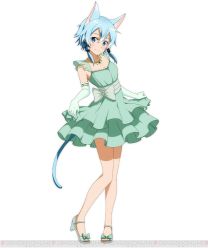 Rule 34 | 10s, 1girl, animal ears, blue eyes, blue hair, breasts, cat ears, cat tail, cleavage, dress, elbow gloves, frilled dress, frills, full body, gloves, green dress, green gloves, hair ornament, jewelry, long hair, matching hair/eyes, necklace, short hair, sinon, sinon (sao-alo), small breasts, smile, solo, sword art online, sword art online: code register, tail, watermark, white background, white gloves