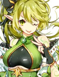 Rule 34 | 1girl, ;p, anemos (elsword), black bow, black gloves, bow, earrings, elsword, fingerless gloves, gloves, green eyes, green hair, hair bow, jewelry, long hair, looking at viewer, no nose, one eye closed, pointy ears, ponytail, rena erindel, runia (runia0), simple background, solo, tattoo, tongue, tongue out, upper body, v, white background