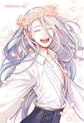 Rule 34 | 10s, 1boy, ^ ^, aged down, blue eyes, blush, bow, cherry blossoms, closed eyes, collarbone, colored eyelashes, cowboy shot, closed eyes, floating hair, flower, head wreath, long hair, male focus, open clothes, open mouth, open shirt, petals, ribbon, shirt, silver hair, smile, solo, twitter username, very long hair, viktor nikiforov, whitemop jog, yuri!!! on ice