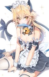 Rule 34 | 1girl, animal ears, apron, bare shoulders, bell, black dress, blonde hair, blush, braid, breasts, cat ears, cat tail, cleavage, damda, dress, fate/apocrypha, fate (series), fish, jeanne d&#039;arc (fate), jeanne d&#039;arc (ruler) (fate), jingle bell, large breasts, long braid, long hair, looking at viewer, maid headdress, mouth hold, nail polish, simple background, single braid, sitting, solo, sparkle, tail, thighhighs, thighs, very long hair, waist apron, wariza, white background, white thighhighs, yellow eyes
