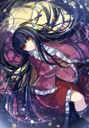 Rule 34 | 1girl, black hair, bow, branch, floating, floral print, frilled skirt, frilled sleeves, frills, from above, highres, hime cut, houraisan kaguya, janne cherry, jeweled branch of hourai, long hair, long sleeves, looking at viewer, lying, lying on water, moon, parted lips, partially submerged, pink shirt, red eyes, red skirt, reflection, ripples, sash, shirt, sidelocks, skirt, sleeves past wrists, solo, star (sky), touhou, triangle mouth, very long hair, water, white bow, wide sleeves