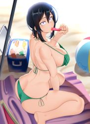 Rule 34 | 1girl, absurdres, ass, back, beach, bikini, black hair, breasts, butt crack, castell, cleavage, downblouse, food, food in mouth, from above, green bikini, halterneck, halterneck, highres, hitomi-chan wa hitomishiri, large breasts, looking at viewer, medium hair, nape, popsicle, purple eyes, sanpaku, shoulder blades, side-tie bikini bottom, sitting, solo, strap gap, swimsuit, takano hitomi, wariza