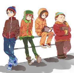 Rule 34 | 4boys, bag, beanie, black eyes, black hair, blonde hair, blue eyes, boots, bored, brown hair, doughnut, earflap hat, eating, eric cartman, fat, fence, food, frown, gloves, green eyes, hands in pockets, hat, highres, hood, hoodie, jacket, kenny mccormick, kyle broflovski, leaning, magazine (object), male focus, multiple boys, no symbol, obese, open mouth, pornography, red hair, short hair, simple background, sitting, south park, stan marsh, standing, ushi (newrein), viewing pornography, white background