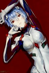 Rule 34 | 1girl, absurdres, arm above head, ayanami rei, blue hair, bodysuit, breasts, covered collarbone, dated, hand on own cheek, hand on own face, highres, looking at viewer, lying, multicolored clothes, neon genesis evangelion, on back, parted lips, plugsuit, red background, red eyes, short hair, signature, simple background, solo, tenderina 123, upper body, white bodysuit