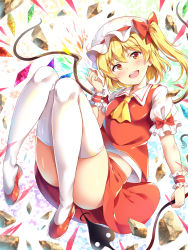 Rule 34 | 1girl, :d, ascot, blonde hair, blush, bottomless, bow, clenched hand, collared shirt, commentary request, convenient leg, crystal, debris, flandre scarlet, floating, full body, hair between eyes, hair bow, hand up, happy, hat, hat ribbon, highres, holding, holding polearm, holding weapon, knees together feet apart, laevatein, legs, long hair, looking at viewer, midair, midriff, mob cap, nagomian, no panties, open mouth, polearm, puffy short sleeves, puffy sleeves, red bow, red eyes, red footwear, red ribbon, red skirt, red vest, ribbon, shirt, short sleeves, side ponytail, skindentation, skirt, smile, solo, teeth, thighhighs, thighs, touhou, upper teeth only, upskirt, vampire, vest, weapon, white hat, white shirt, white thighhighs, wings, yellow ascot