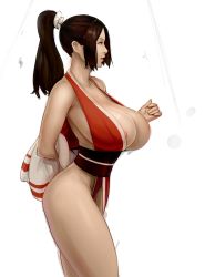 Rule 34 | 1girl, absurdres, areola slip, arm behind back, bare shoulders, black sash, breasts, brown eyes, brown hair, commentary, dress, english commentary, fatal fury, from side, hand up, highres, holding, huge breasts, large areolae, large breasts, lipstick, makeup, materclaws, no bra, no panties, obi, ponytail, profile, red dress, red lips, revealing clothes, sash, shiranui mai, smile, solo, standing, the king of fighters
