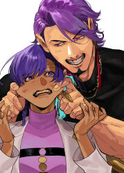 Rule 34 | 1boy, 1girl, anger vein, ayus (fate), black shirt, braid, duryodhana (fate), earrings, facial hair, fate/grand order, fate (series), goatee, highres, jewelry, jojo sono, lab coat, long sleeves, mature male, muscular, muscular male, necklace, pinching, purple eyes, purple hair, shirt, short hair, simple background, single braid, single earring, smile, upper body, white background