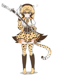 Rule 34 | 1girl, :&lt;, ?, adapted costume, animal ears, animal print, beret, blonde hair, boots, cheetah (kemono friends), cheetah ears, cheetah print, cheetah tail, closed mouth, corset, cosplay, detached sleeves, extra ears, fingerless gloves, flipped hair, full body, gloves, gun, hat, highres, holding, holding gun, holding weapon, kemono friends, long hair, looking down, magical girl, magical musket, mahou shoujo madoka magica, mahou shoujo madoka magica (anime), mizuhashi kaori, multicolored hair, neck ribbon, print skirt, print sleeves, print thighhighs, puffy sleeves, ribbon, rifle, sidelocks, simple background, skirt, solo, standing, tail, thighhighs, tomoe mami, tomoe mami (cosplay), tsukushi (741789), tsurime, two-tone hair, very long hair, voice actor connection, weapon, white background, yellow eyes, zettai ryouiki