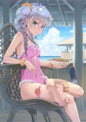 Rule 34 | 1girl, absurdres, animal ears, bad feet, barefoot, blue hair, braid, breasts, cat ears, cat tail, chair, covered erect nipples, covered navel, crossed legs, day, earrings, feet, food, frills, green eyes, highres, holding, jewelry, koume keito, long hair, medium breasts, one-piece swimsuit, scan, scrunchie, sitting, solo, strapless, strapless one-piece swimsuit, swimsuit, tail, thigh strap, toes, toranoana, twin braids, wrist scrunchie