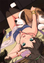 Rule 34 | 1girl, absurdres, antenna hair, bare shoulders, blush, bracelet, brown hair, cellphone, cellphone charm, cellphone strap, charm (object), collarbone, dog, earrings, fang, food, fruit, ganaha hibiki, green eyes, halterneck, hand fan, highres, idolmaster, idolmaster (classic), inumi, jewelry, long hair, looking at viewer, lying, on back, open mouth, paper fan, pendant, phone, ponytail, solo, tsurime, tsuttsu, uchiwa, upside-down, watermelon