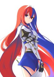 Rule 34 | 1girl, alear (female) (fire emblem), alear (fire emblem), blue eyes, breasts, circlet, closed mouth, crossed bangs, fire emblem, fire emblem engage, headpiece, heterochromia, large breasts, long hair, multicolored hair, nintendo, red eyes, simple background, skeptycally, solo, very long hair, white background