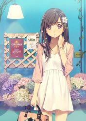 Rule 34 | 1girl, bag, bracelet, breasts, brown eyes, brown hair, collarbone, cowboy shot, dress, earrings, flower, flower earrings, hair flower, hair ornament, handbag, highres, jewelry, lamp, long hair, looking at viewer, open mouth, original, small breasts, solo, standing, white dress, yohan12