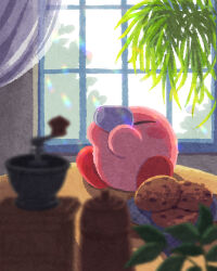 Rule 34 | blush stickers, chocolate chip cookie, coffee, coffee grinder, cookie, cup, curtains, drinking, food, highres, indoors, kirby, kirby (series), miclot, nintendo, no humans, pink footwear, plant, scenery, shoes, sitting, window, windowsill