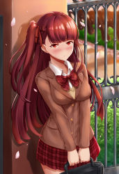 Rule 34 | 1girl, bag, blazer, blush, bow, bowtie, breasts, brown jacket, collared shirt, day, gate, girls&#039; frontline, hair ribbon, half updo, highres, holding, holding bag, jacket, jojobirdz, large breasts, long hair, looking at viewer, one side up, outdoors, plaid, plaid skirt, pleated skirt, purple hair, red bow, red bowtie, red eyes, red skirt, ribbon, school bag, shirt, skirt, solo, tsundere, uniform, wa2000 (girls&#039; frontline), white shirt, wind