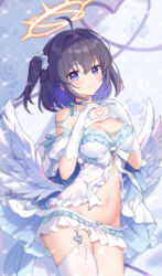 Rule 34 | 1girl, angel wings, blue eyes, blue ribbon, blush, bow, bowtie, breasts, chinese commentary, cleavage, dress, gloves, gou lianlian dogface, hair ornament, hair scrunchie, halo, heart, heart hands, honkai (series), honkai impact 3rd, looking at viewer, low wings, medium breasts, medium hair, multicolored hair, ribbon, scrunchie, seele vollerei, side ponytail, skirt, smile, solo, stomach, thighs, two-tone hair, white bow, white bowtie, white dress, white gloves, white skirt, white wings, wings