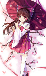 Rule 34 | 1girl, 7lark, adapted costume, arm ribbon, ascot, bad id, bad pixiv id, bare shoulders, bow, brown hair, detached sleeves, dress, frilled shirt collar, frilled skirt, frills, geta, hair bow, hair tubes, hakurei reimu, large bow, long hair, long sleeves, looking at viewer, obi, oil-paper umbrella, red dress, red eyes, ribbon, sash, skirt, smile, solo, thighhighs, touhou, umbrella, walking, white thighhighs, wide sleeves, zettai ryouiki