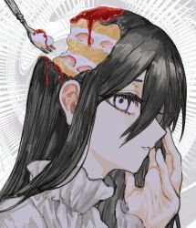 1girl black_hair cake cake_slice food fork grey_eyes hair_between_eyes hand_up highres long_hair original parted_lips solo strawberry_syrup taezuodoru_0