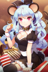 Rule 34 | 1girl, animal ears, arm cuffs, arm support, black thighhighs, blue hair, bow, breasts, candy, cheese, cleavage, clenched hand, collar, dress, food, frilled dress, frills, garter straps, gift, gilse, hair bow, holding, layered dress, leg up, linus falco, long hair, lowres, mouse ears, mouse tail, ponytail, puffy sleeves, red eyes, ribbon, sitting, smile, solo, striped, sword girls, tail, thighhighs, very long hair, wavy hair