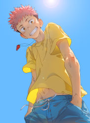 Rule 34 | 1boy, absurdres, aged down, beitemian, blue pants, brown eyes, brown hair, child, clear sky, day, facial mark, from below, highres, itadori yuuji, jujutsu kaisen, looking at viewer, male focus, midriff peek, outdoors, pants, petals, pink hair, shirt, short hair, sky, smile, solo, spiked hair, sunlight, undercut, whistle, whistle around neck, wind, wind lift, yellow shirt