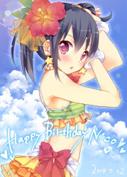 Rule 34 | 10s, 1girl, bikini, black hair, blush, bracelet, cloud, dated, day, earrings, ech, flower, from side, hair flower, hair ornament, happy birthday, hibiscus, jewelry, looking at viewer, lots of jewelry, love live!, love live! school idol project, natsuiro egao de 1 2 jump!, red eyes, sky, solo, swimsuit, twintails, yazawa nico