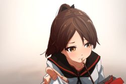 Rule 34 | 1girl, anchor print, blush, brown eyes, brown hair, food, food in mouth, highres, i-coat, incoming pocky kiss, kantai collection, mouth hold, pocky, pocky day, ponytail, shikinami (kancolle), shikinami kai ni (kancolle), shirt, short hair, solo focus, upper body, white shirt