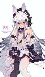 Rule 34 | 1girl, animal ear legwear, animal ears, asymmetrical legwear, bare shoulders, black ribbon, black thighhighs, blush, breasts, commentary, detached sleeves, dress, english text, feet out of frame, flower, girls&#039; frontline, green eyes, hair flower, hair ornament, hair ribbon, highres, hk416 (girls&#039; frontline), hk416 (herbal-flavored hard candy) (girls&#039; frontline), large breasts, long hair, looking at viewer, mismatched legwear, official alternate costume, purple headwear, rabbit ears, ribbon, simple background, sitting, solo, soukou makura, sweatdrop, symbol-only commentary, teardrop tattoo, thighhighs, v-shaped eyebrows, white background, white dress, white hair, white sleeves, white thighhighs