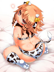 Rule 34 | 1girl, animal ears, animal print, blush, breasts, brown hair, cow ears, cow girl, cow print, cow tail, from behind, hair ornament, highres, horns, kikira&#039;s cow girl, kikira (silenceblack), long hair, looking at viewer, looking back, medium breasts, original, plump, red eyes, simple background, sitting, smile, solo, tail, tongue, tongue out, wariza