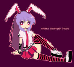 Rule 34 | 1girl, alternate costume, animal ears, casual, contemporary, female focus, legs, lying, mzh, rabbit ears, reisen udongein inaba, simple background, solo, striped clothes, striped thighhighs, thighhighs, touhou