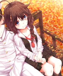 Rule 34 | 1boy, 1girl, admiral (kancolle), ahoge, alternate costume, autumn leaves, bench, black skirt, black vest, blue eyes, blush, braid, brown hair, hair flaps, hair ornament, hair over shoulder, hat, highres, kantai collection, long hair, long sleeves, looking at another, military, military hat, military uniform, necktie, red neckwear, remodel (kantai collection), shigure (kancolle), shirt, single braid, sitting, skirt, smile, solo focus, sumioo (sumikko no ousama), uniform, vest, white shirt