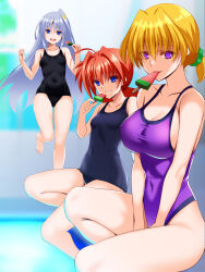 Rule 34 | 3girls, black one-piece swimsuit, blonde hair, blue eyes, blue hair, blue one-piece swimsuit, breasts, cleavage, collarbone, covered navel, engo (aquawatery), food, grin, hair ornament, hair scrunchie, large breasts, long hair, looking at viewer, lyrical nanoha, multiple girls, one-piece swimsuit, open mouth, outdoors, ponytail, pool, popsicle, purple eyes, purple one-piece swimsuit, red hair, reinforce zwei, school swimsuit, scrunchie, shamal, sky, small breasts, smile, swimsuit, vita (nanoha), watermelon bar, x hair ornament
