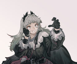 1girl arknights black_gloves black_jacket capelet clenched_teeth gloves grey_background grey_eyes grey_hair hands_up highres irene_(arknights) jacket long_hair long_sleeves looking_away movik puffy_long_sleeves puffy_sleeves short_eyebrows simple_background solo tears teeth white_capelet