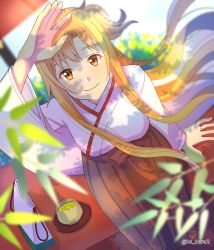 Rule 34 | 1girl, arm up, asuna (sao), blonde hair, blurry, blurry background, blurry foreground, breasts, brown eyes, closed mouth, day, floating hair, from above, hakama, highres, japanese clothes, kimono, long hair, long sleeves, looking at viewer, medium breasts, miko, outdoors, red hakama, smile, solo, sword art online, tu tora2, twitter username, very long hair, white kimono, wide sleeves