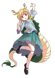 Rule 34 | 1girl, alphes (style), antlers, aqua skirt, arm up, black footwear, blonde hair, blue bow, blue shirt, bow, collarbone, dairi, dragon girl, dragon tail, fighting stance, full body, highres, horns, kicchou yachie, looking at viewer, mary janes, medium skirt, open mouth, parody, red eyes, shirt, shoes, short hair, skirt, socks, solo, standing, standing on one leg, style parody, tachi-e, tail, touhou, transparent background, turtle shell, white socks