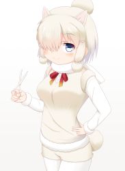 Rule 34 | 1girl, alpaca ears, alpaca suri (kemono friends), alpaca tail, animal ear fluff, animal ears, blue eyes, blush, bow, breasts, brown background, brown shorts, closed mouth, commentary request, fur-trimmed sleeves, fur collar, fur scarf, fur trim, gradient background, hair over one eye, hand on own hip, highres, holding, holding scissors, horizontal pupils, kemono friends, light brown hair, long sleeves, looking at viewer, medium breasts, pantyhose, red bow, scissors, shin01571, shirt, short shorts, shorts, sidelocks, smile, solo, sweater vest, tail, white background, white pantyhose, white shirt