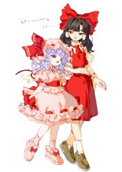 Rule 34 | 2girls, :&gt;, absurdres, ascot, bat wings, black hair, blue hair, bow, brooch, brown eyes, brown footwear, bubble skirt, collared shirt, colored eyelashes, detached sleeves, embodiment of scarlet devil, fingernails, footwear bow, full body, hair tubes, hakurei reimu, half-closed eyes, hand on another&#039;s arm, hand up, hat, height difference, highres, japanese clothes, jewelry, long hair, long sleeves, looking at another, looking down, looking to the side, mob cap, multiple girls, nail polish, ndasuzu (n64qd11), open mouth, pink footwear, pink shirt, pink skirt, pink socks, puffy short sleeves, puffy sleeves, red ascot, red bow, red eyes, red nails, red skirt, red vest, remilia scarlet, ribbon-trimmed skirt, ribbon-trimmed sleeves, ribbon trim, sash, sharp fingernails, shirt, shoes, short sleeves, side-by-side, sidelocks, sideways glance, simple background, skirt, skirt set, socks, touhou, vest, walking, white background, white socks, wide sleeves, wings, wrist cuffs