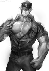 Rule 34 | 1boy, abs, bad id, bad twitter id, bare pectorals, baseball cap, biceps, black shirt, bulge, clenched hand, contrapposto, greyscale, hat, hataraku saibou, highres, killer t (hataraku saibou), large pectorals, legacy zechs, looking at viewer, male focus, monochrome, muscular, muscular male, pectorals, self exposure, shirt, short hair, short sleeves, simple background, smirk, solo, twitter username, uniform, white background