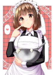 Rule 34 | 1girl, apron, beamed eighth notes, black dress, blush, bowl, breasts, brown eyes, brown hair, closed mouth, cream, dress, drop shadow, eighth note, food, food on face, food on hand, frilled apron, frills, head tilt, heart, holding, holding bowl, large breasts, long sleeves, looking at viewer, maid, maid apron, maid headdress, mixing bowl, mokufuu, musical note, original, plaid, plaid background, quarter note, red background, solo, spoken heart, thought bubble, whisk, white apron